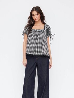 Cider Black & White Gingham Square-Neck Tie-Sleeve Top